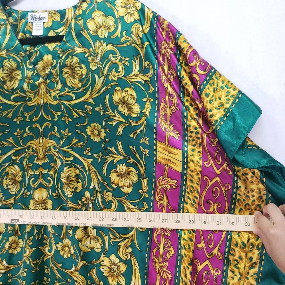 Winlar Multicolor Colorful Bold Boho Satin Floral Moo Moo Kaftan Maxi Dress - Picture 5 of 10